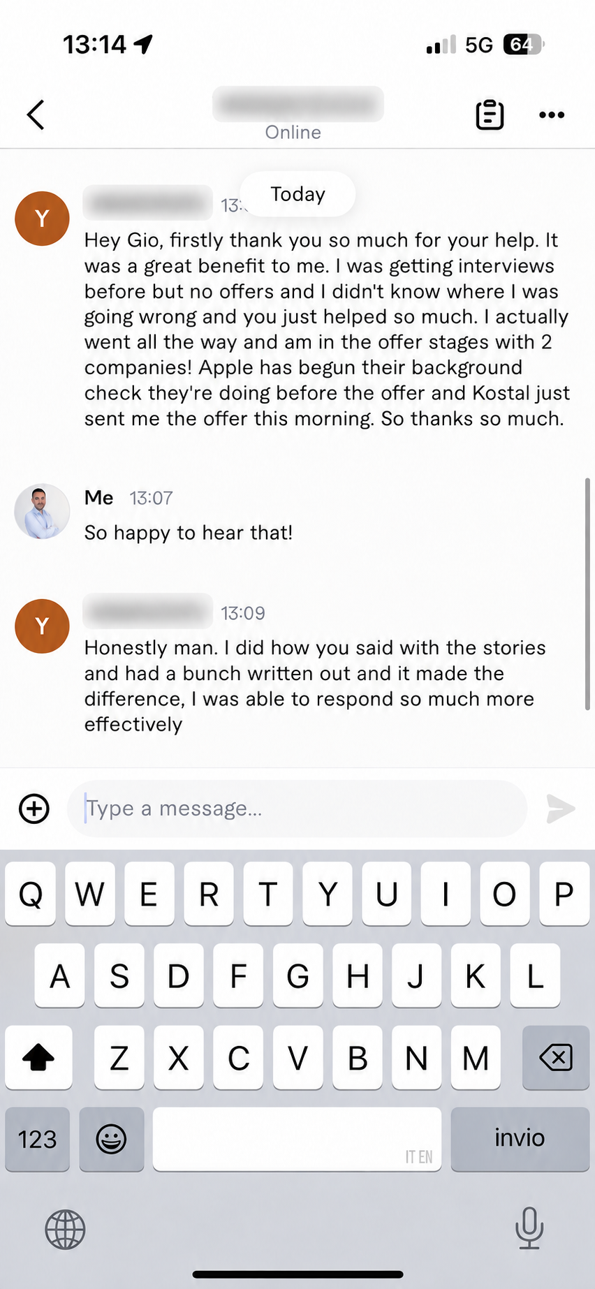Apple interview coaching client feedback