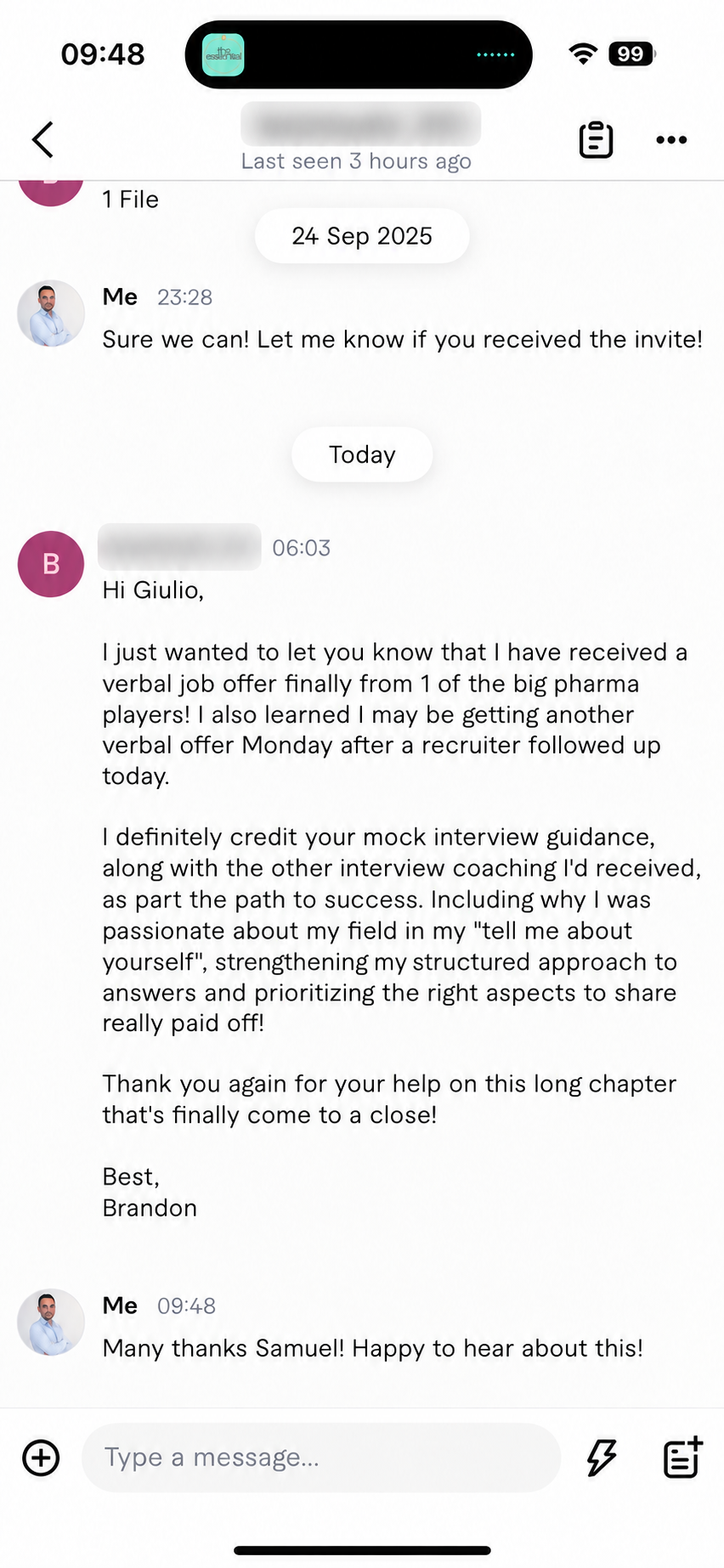 Client feedback about a pharma job offer